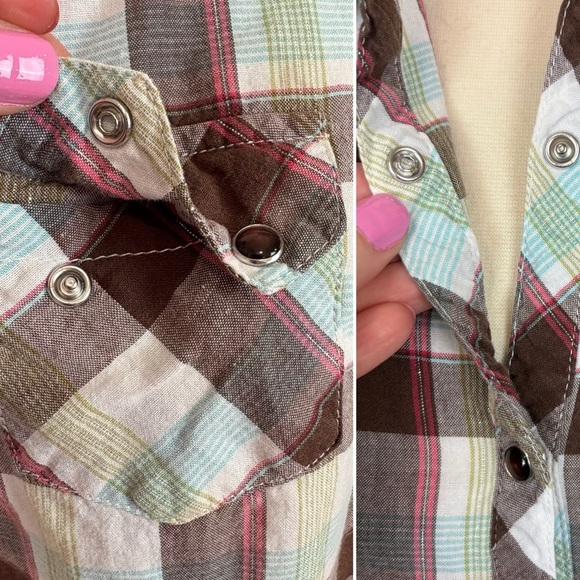 Shyanne Cotton Western Snap Front Brown Plaid Shirt Sz L Floral Embroidery Rodeo - Picture 8 of 17